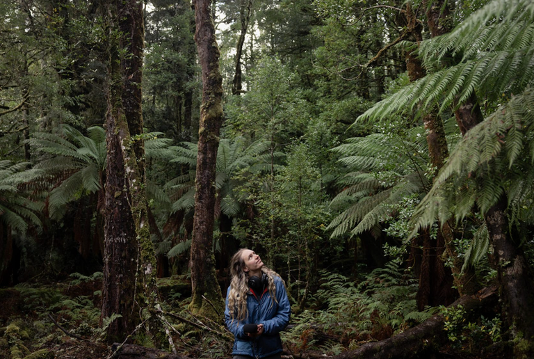 Musician Anya Anastasia wearing headphones and holding a microphone, looking up while surrounded by tall trees and ferns in a dense forest.